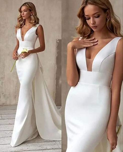 Satin Mermaid Wedding Dresses Elegant Women V Neck Backless Gowns